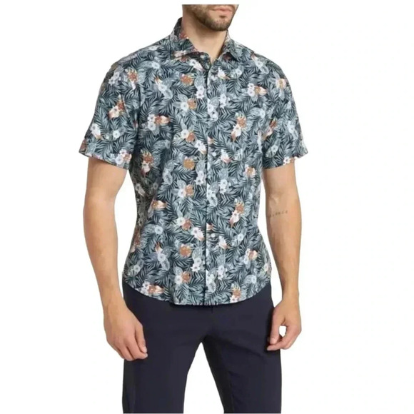 Thomas Dean Floral Red White Blue Flower Button Down Casual Short Sleeve XL Mens - Picture 3 of 5